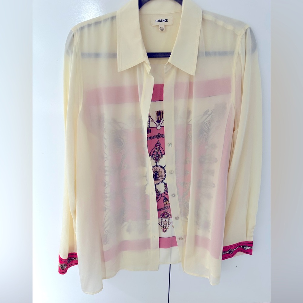 NWOT L'Agence Sheer Cream Blouse with Pink Accents